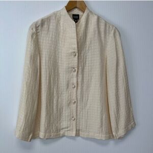 Eileen Fisher Silk Linen Check Blazer Office Core Size Medium Neutral Tan Cream